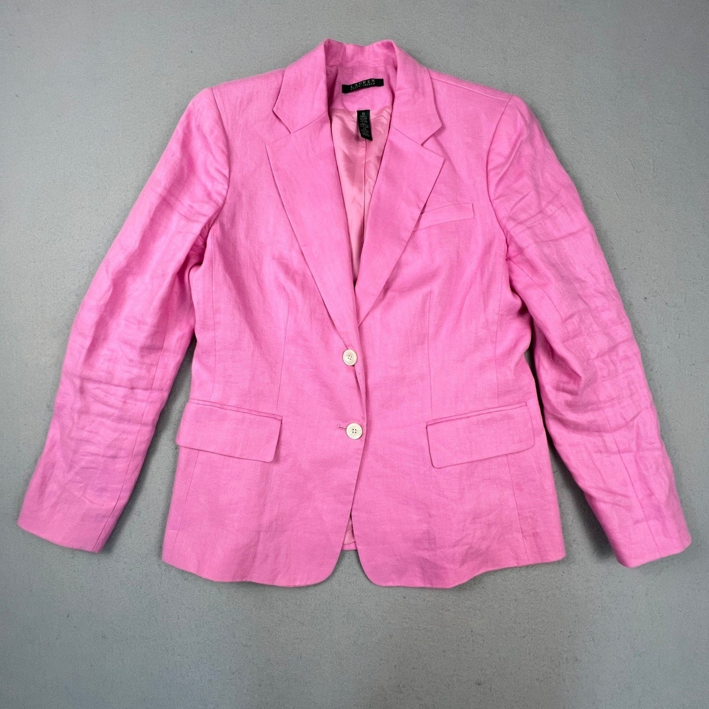 Lauren Ralph Lauren Blazer Women 12 Pink 100% Linen 2Button Career Jacket Office