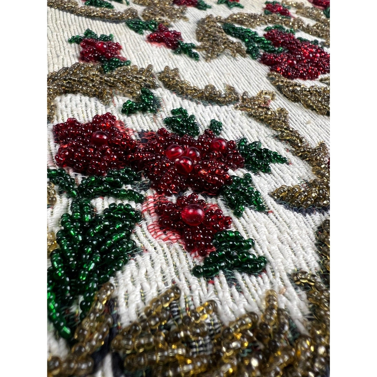 Vintage 1950s Beaded Tapestry Handbag Floral Lucite Handle MCM Evening Purse