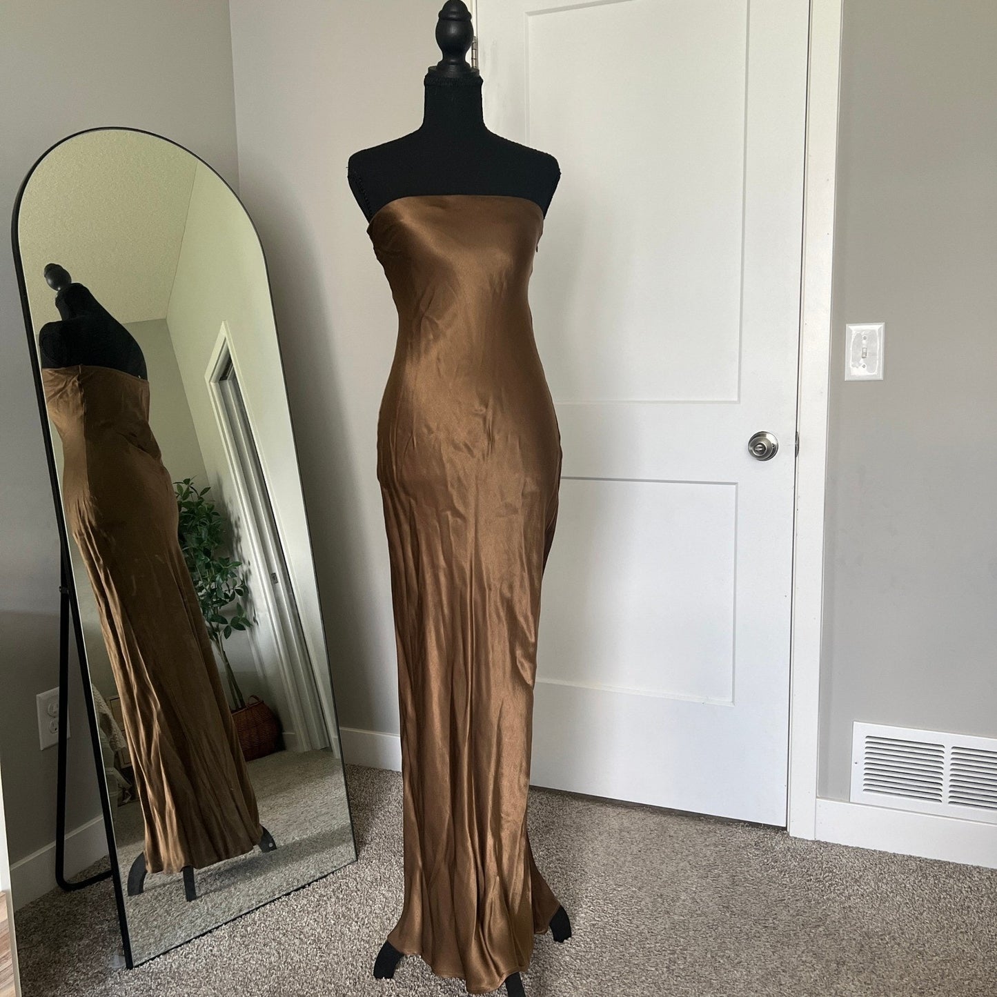 Strapless Maxi Dress S Bronze Brown Satin Formal Gown Minimalist Bridal Party