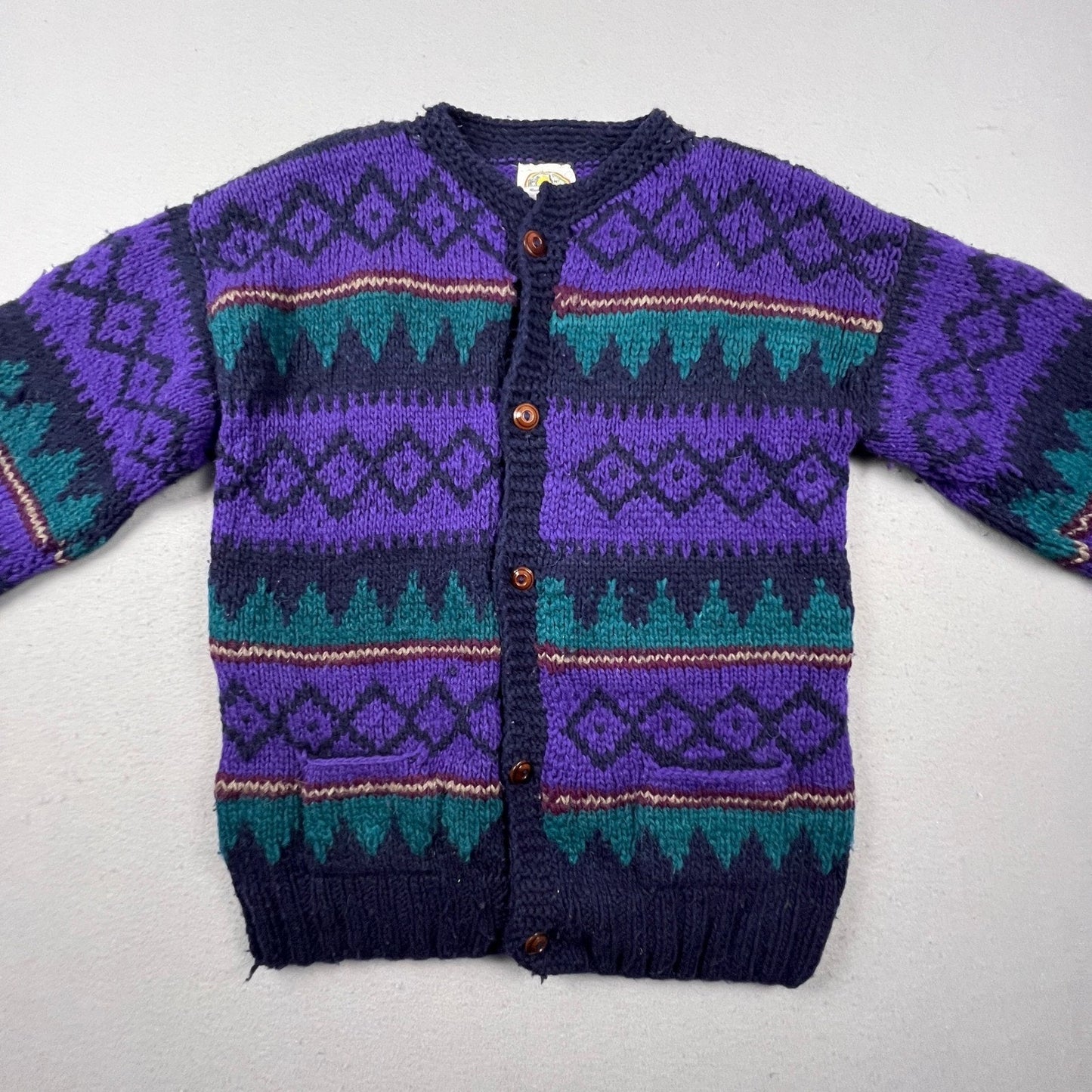 Rainbow Crafts Cardigan Mens L Purple Merino Wool Geometric Knit Ecuador Boho