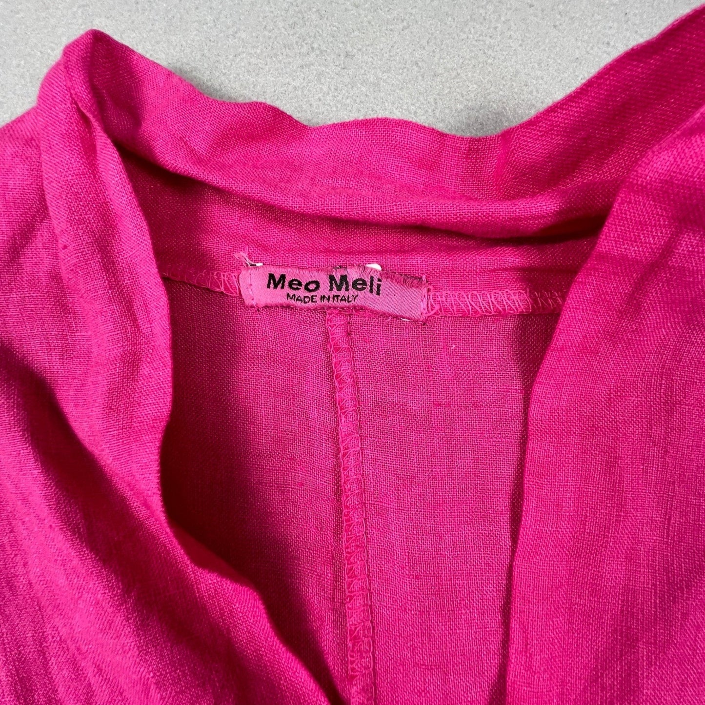 Meo Meli 100% Linen Tunic Dress Womens OS Pink V-Neck Smocked Pockets Italy Boho