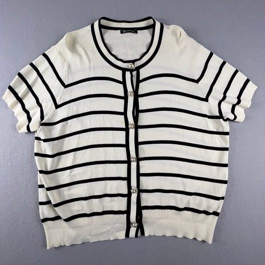 PrettyGarden Cardigan Sweater Womens XL White Black Striped Pearl Button Preppy