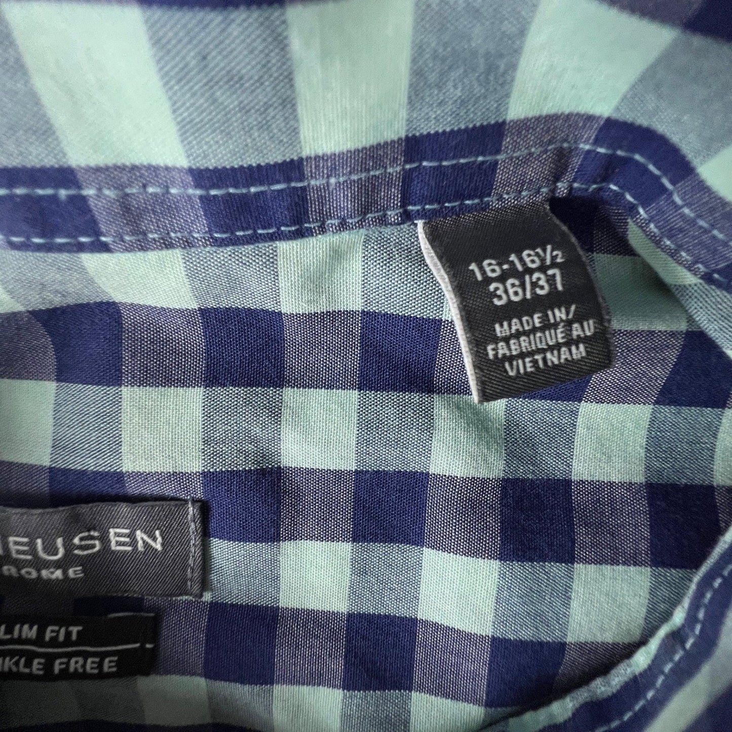 Van Heusen Button Down Shirt Men 16-16.5 Gingham Slim Fit Wrinkle Free Office