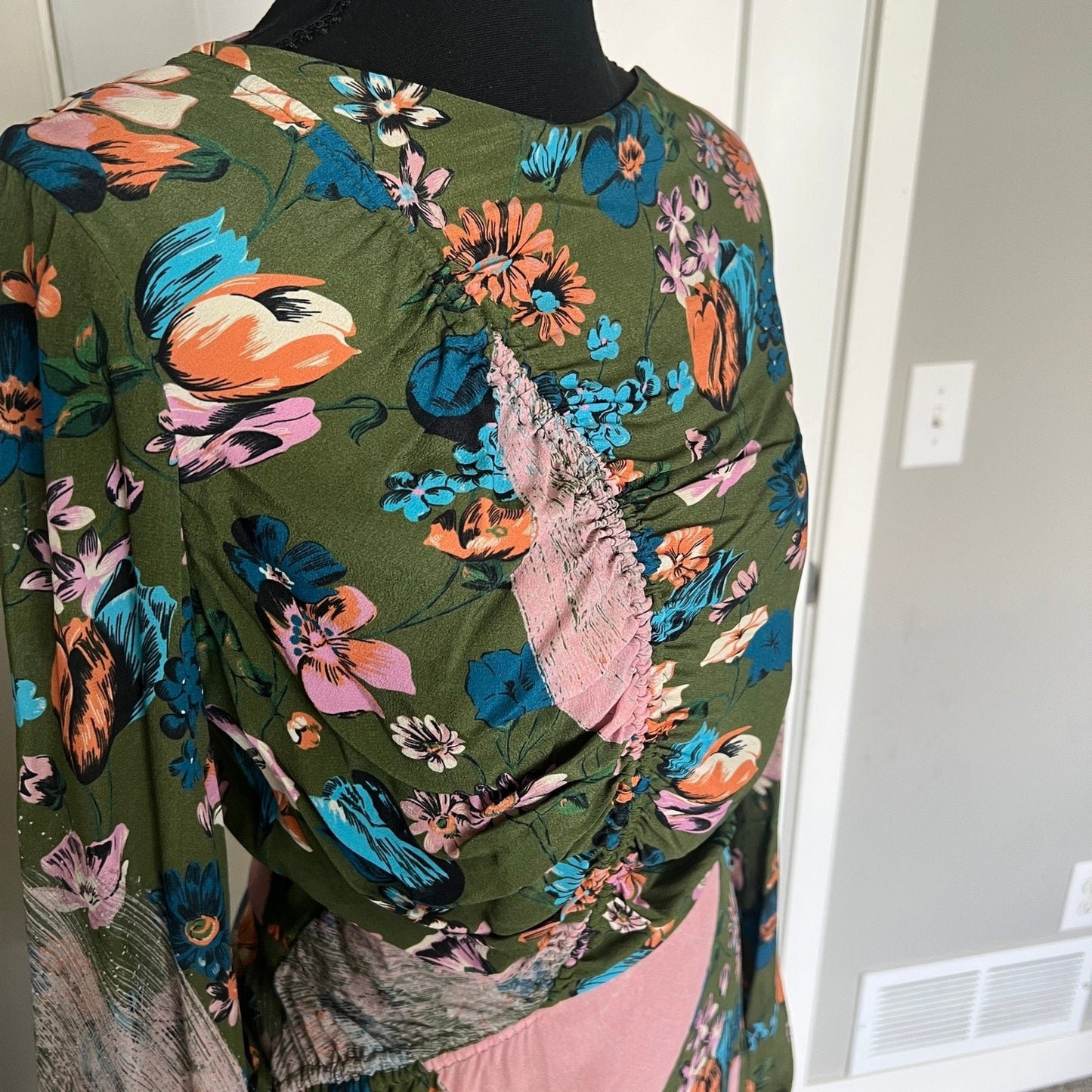 House of Holland Maxi Dress Womens 4 Green Floral Ruched Long Sleeve Boho Gown
