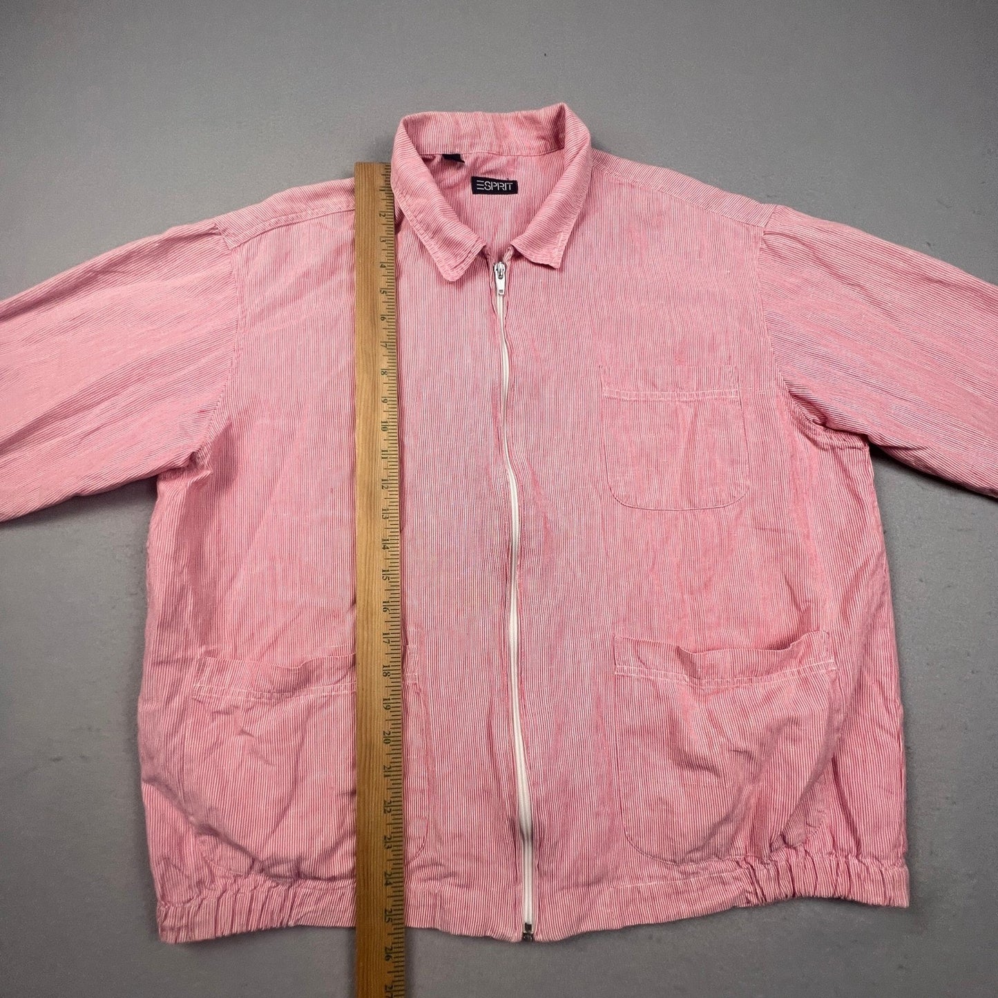 VTG 90s Esprit Jacket Womens Red Pinstripe Cotton Linen Zip Up Bomber Coat