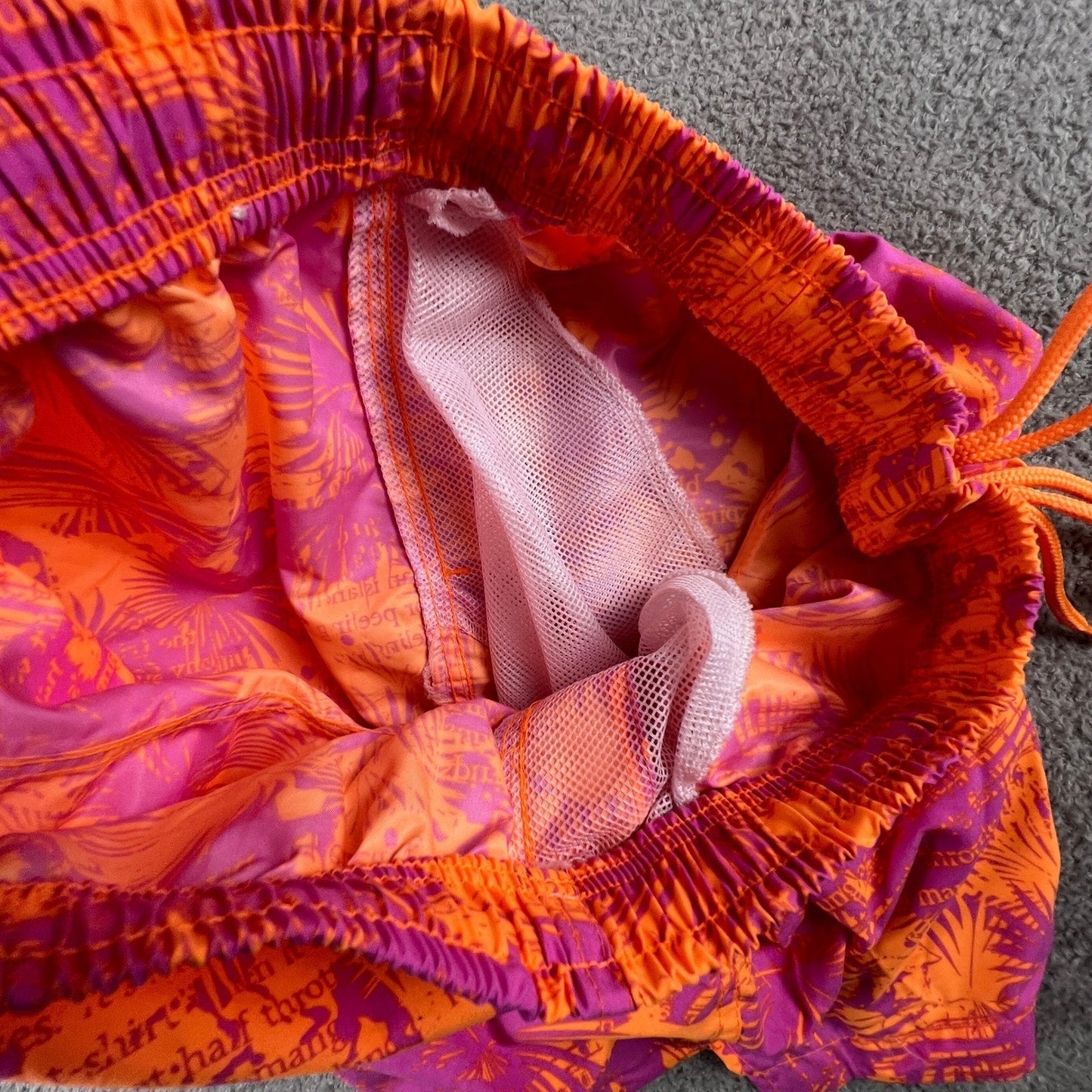 Panama Jack Swim Trunks Mens Medium Orange Purple Tropical Palm Script Beachwear