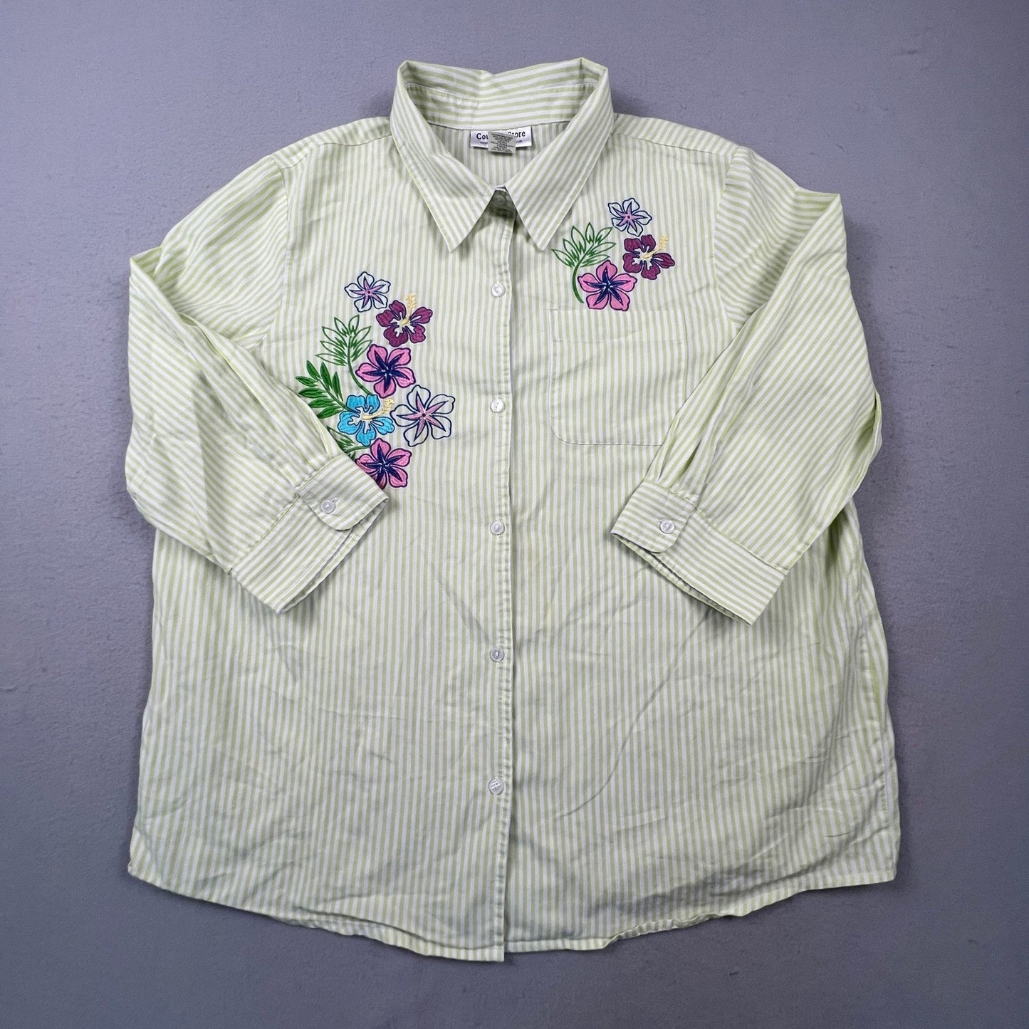 Country Store Button Down Shirt Womens XL Green Striped Floral Embroidered Top