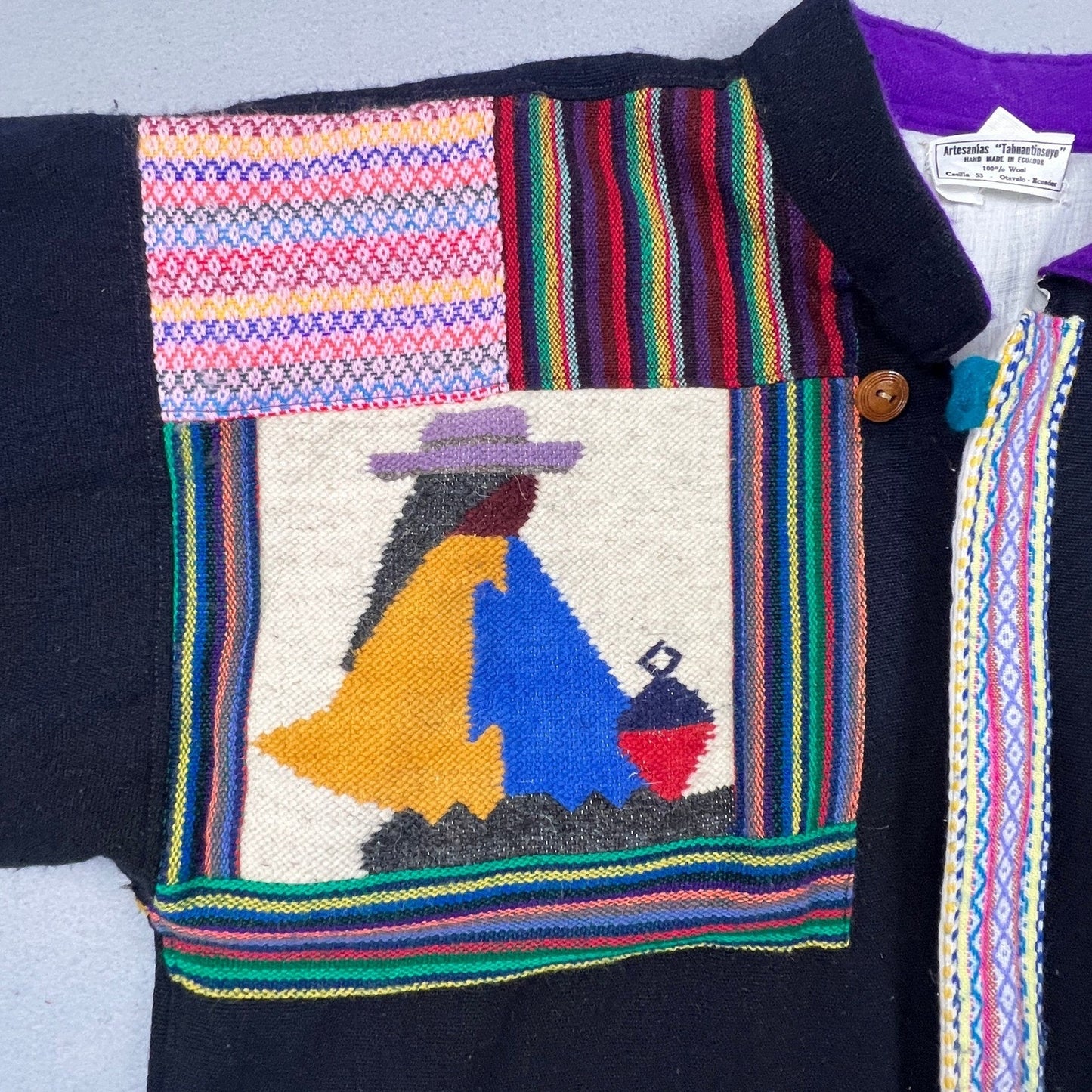Artesanias Tahuantinsuyo Wool Jacket Mens XL Black Folk Art Otavalo Ecuador Boho