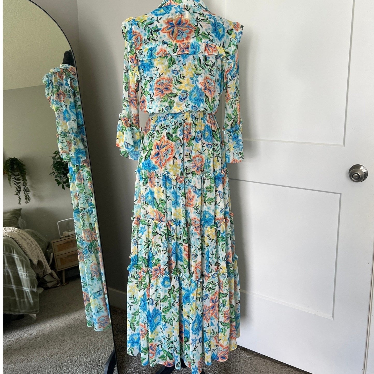 MISA Los Angeles Maxi Dress Womens S Blue Orange Floral Tiered Smocked Boho Luxe