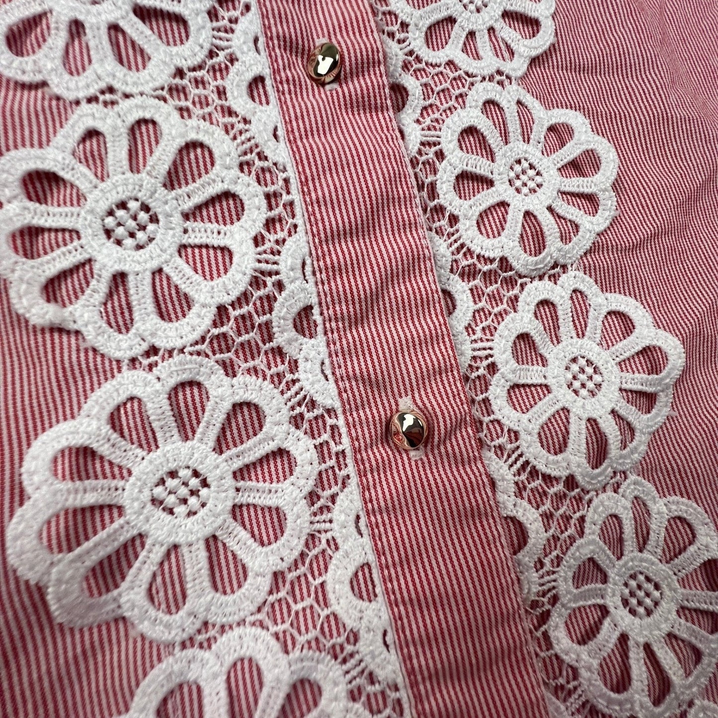 VTG Marc New York Button Down Womens XL Red Stripe Lace Trim Preppy Chic