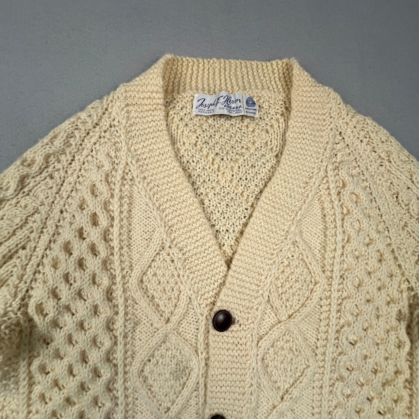 VTG Wool Handknit Joseph F. Heron Cardigan Mens M Cream Irish Aran Fisherman