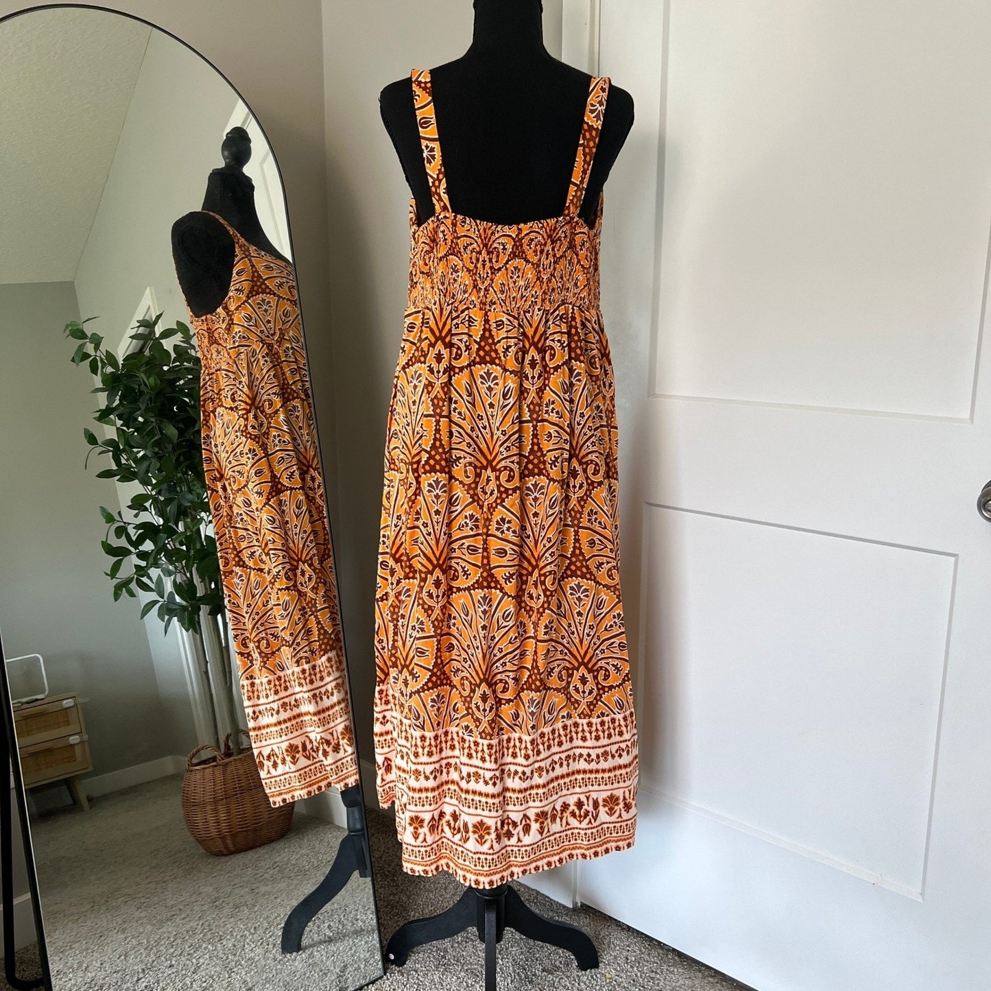 Boho Peasant Summer Midi Dress Womens Medium Orange Paisley Tie Front Knox Rose