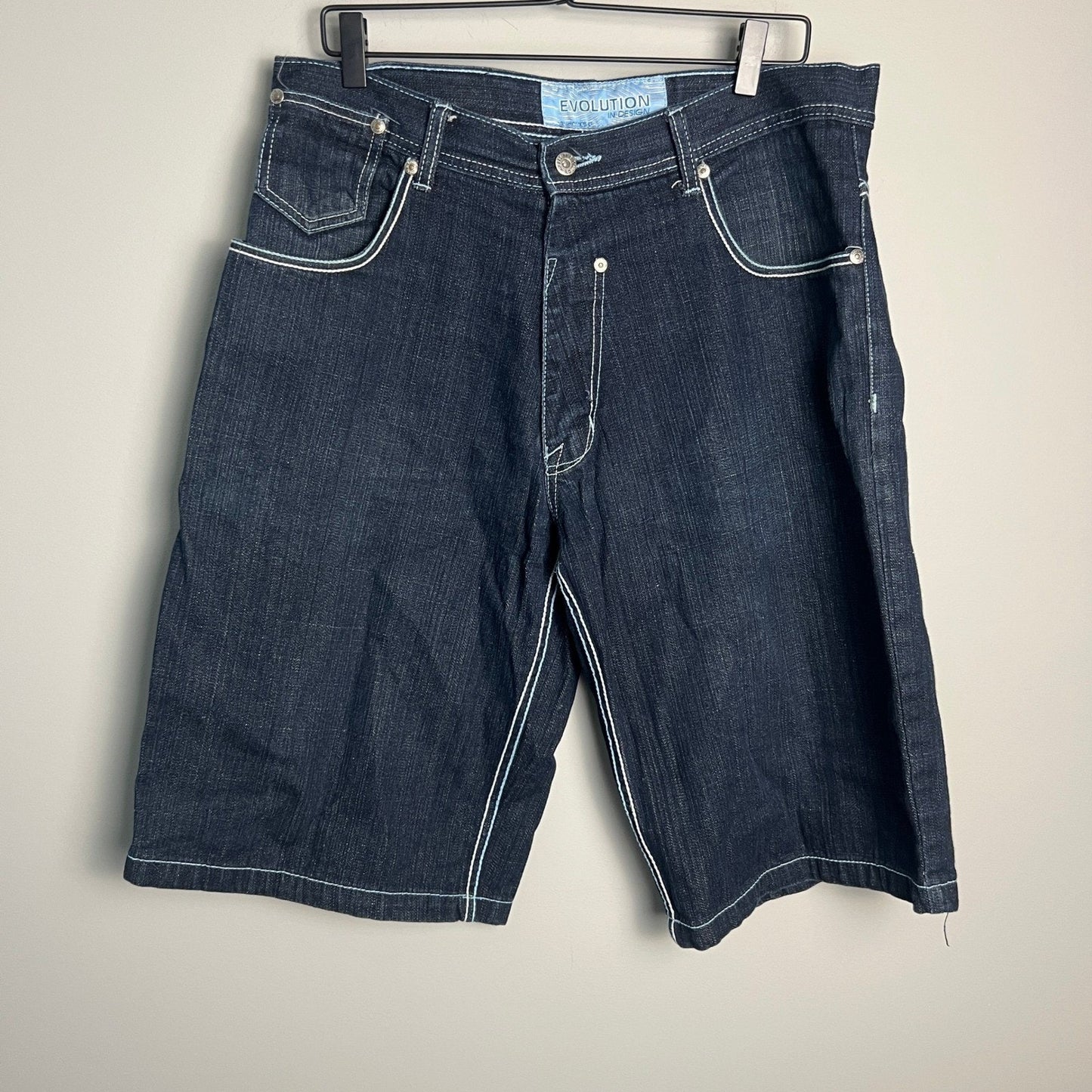Evolution in Design Denim Shorts Men's Dark Wash Size 36 Embroidered Pockets Y2K