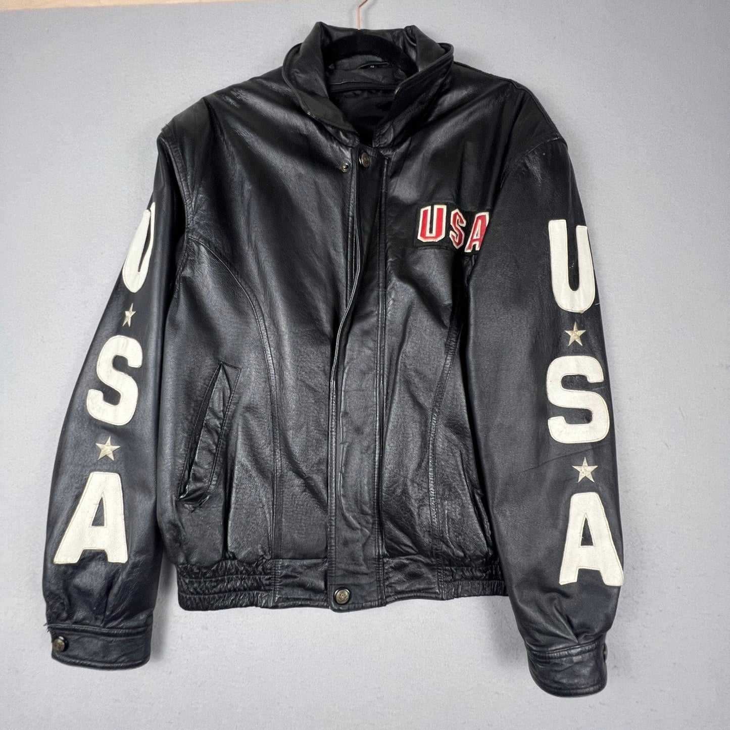 Leather Bomber Jacket Mens L Black USA Eagle Patriotic Biker Vintage Rocker
