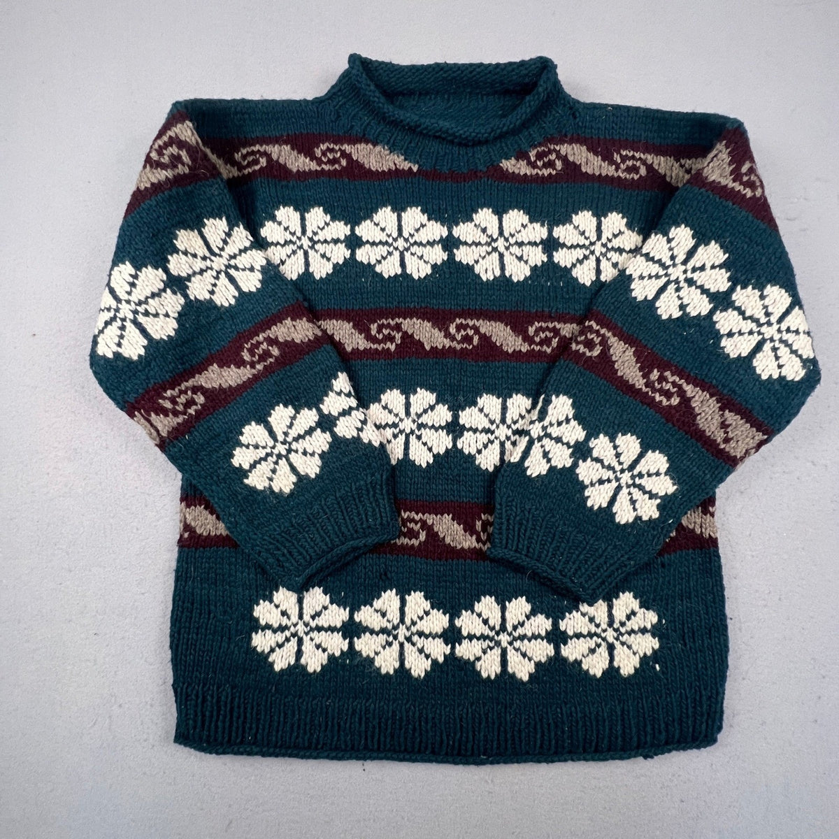 Hand Knit Nordic Snowflake Sweater Mens XL Teal Wool Blend Fair Isle Cabin Core