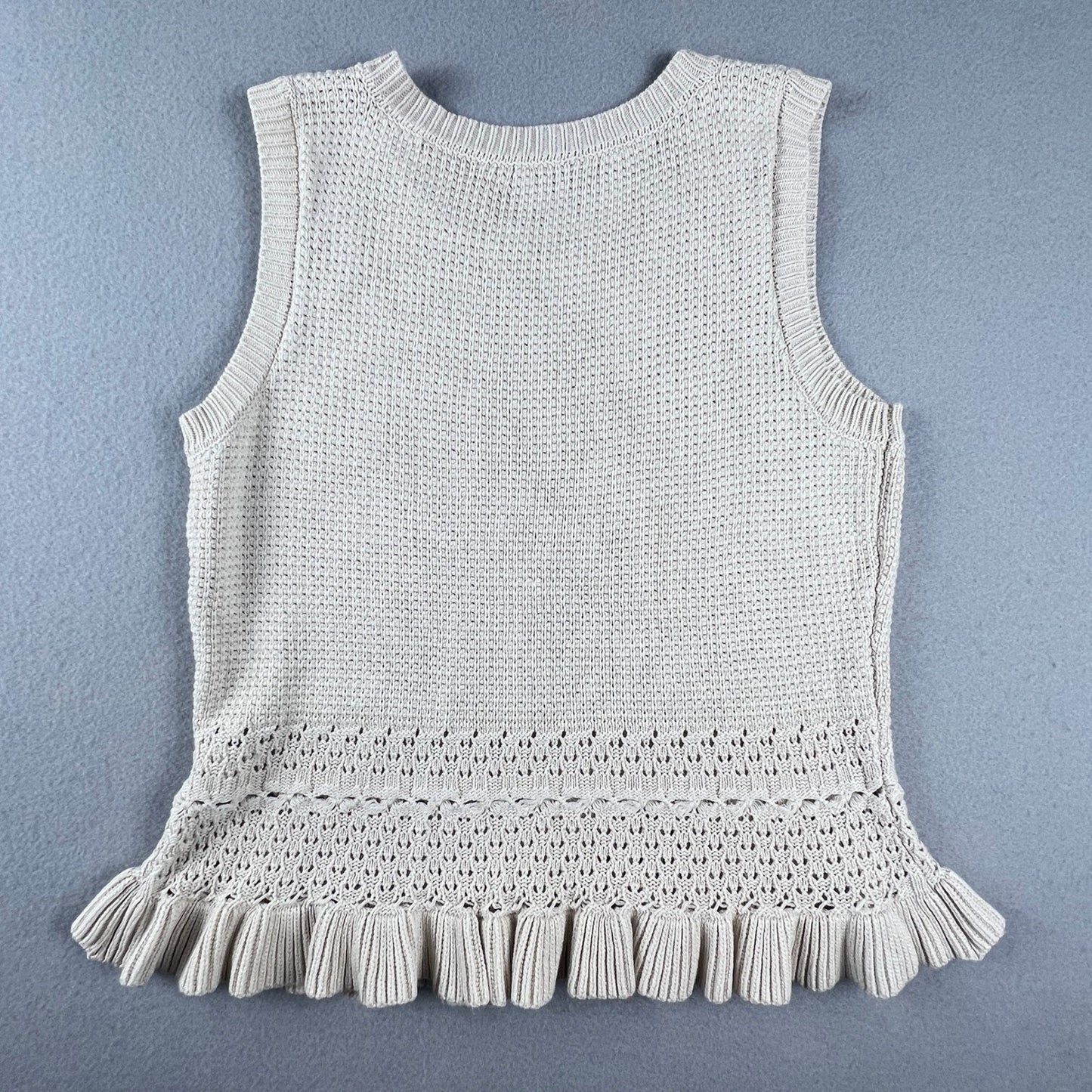 Cicard Knit Tank Top Womens Medium Beige Ruffle Peplum Pointelle Minimalist
