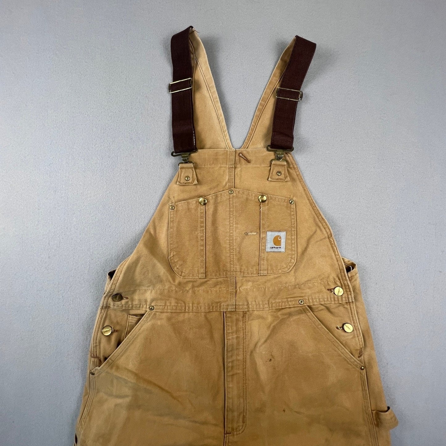 Carhartt Bib Overalls Mens 38x30 Brown R01 BRN Double Knee Workwear Distressed