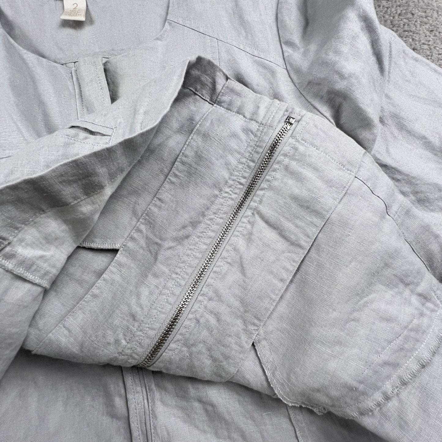 100% Linen Summer Jacket Womens 2 Large Gray Utility Quite Luxury Minimalist