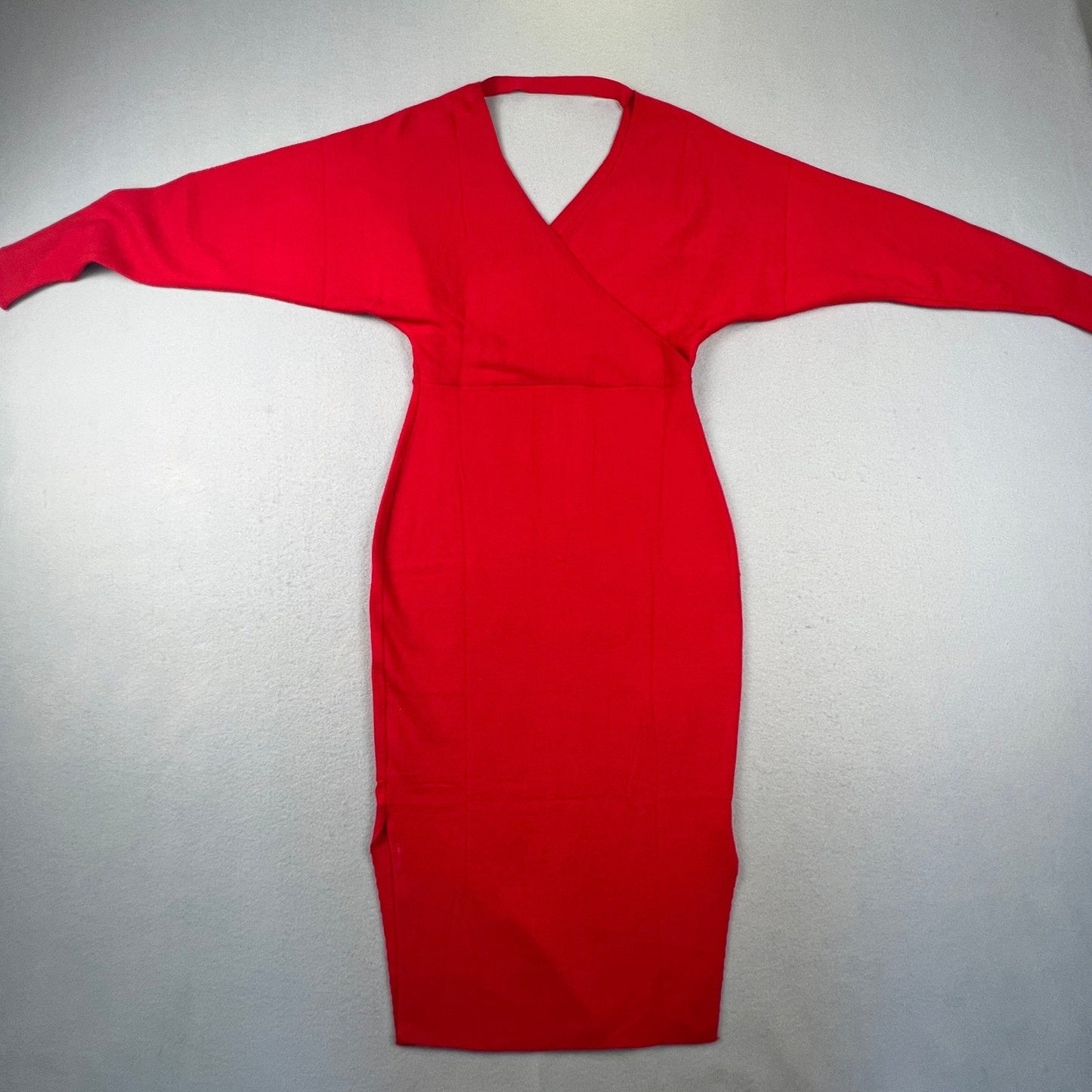 Knit Wrap Midi Dress Women M Red Tie Waist Long Sleeve Cocktail Dress Datenight