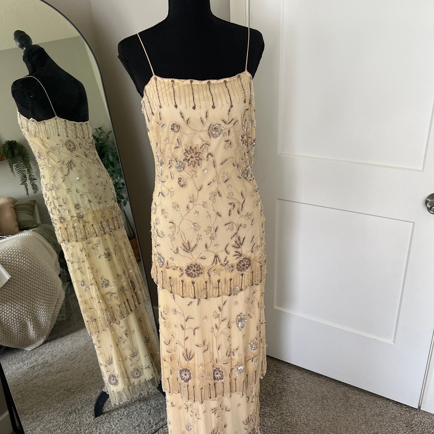 Vintage Style Beaded Dress Small Champagne Sequin Flapper Gown Bridal Wedding