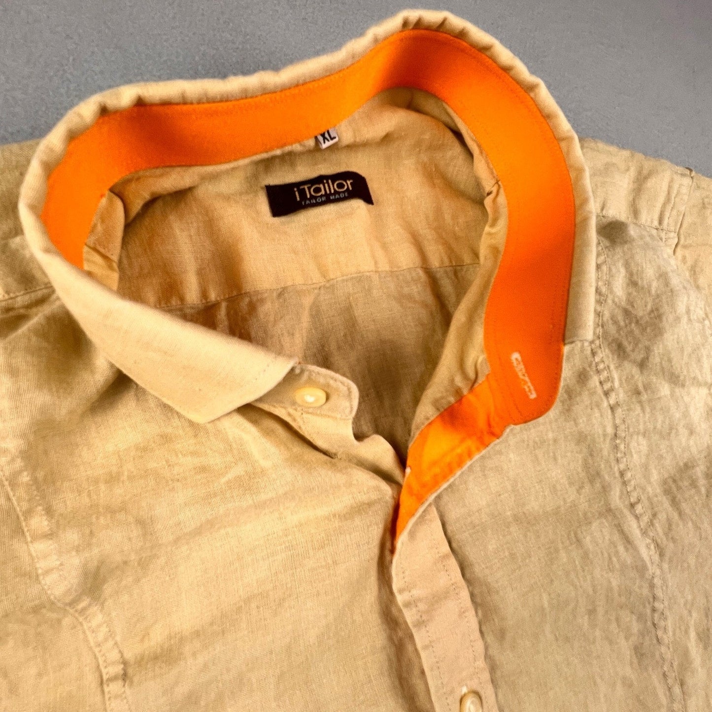 iTailor Button Down Shirt Mens XL Tan Orange Contrast Cotton Linen Beach Summer