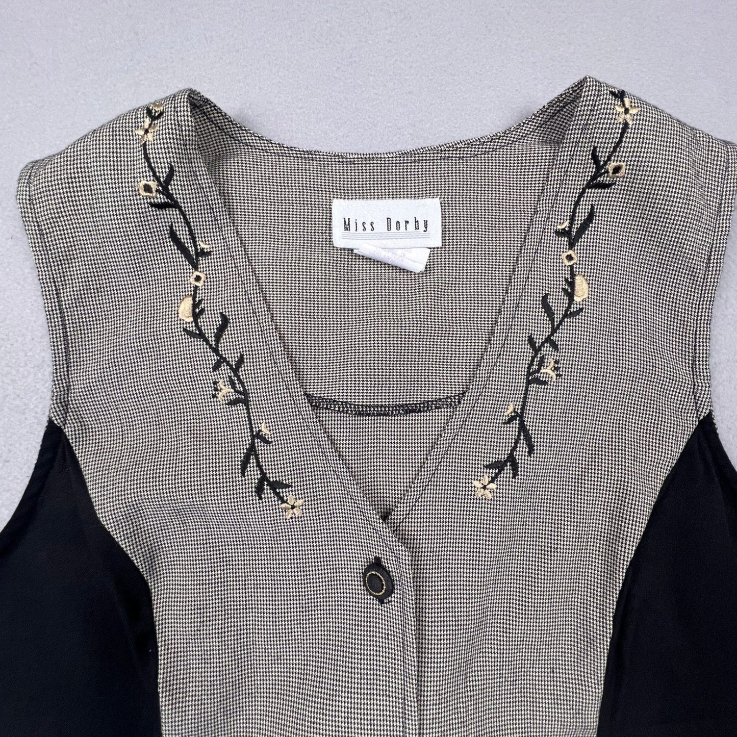 VTG 90s Miss Dorby Vest Women 14 Black White Houndstooth Embroidered Floral