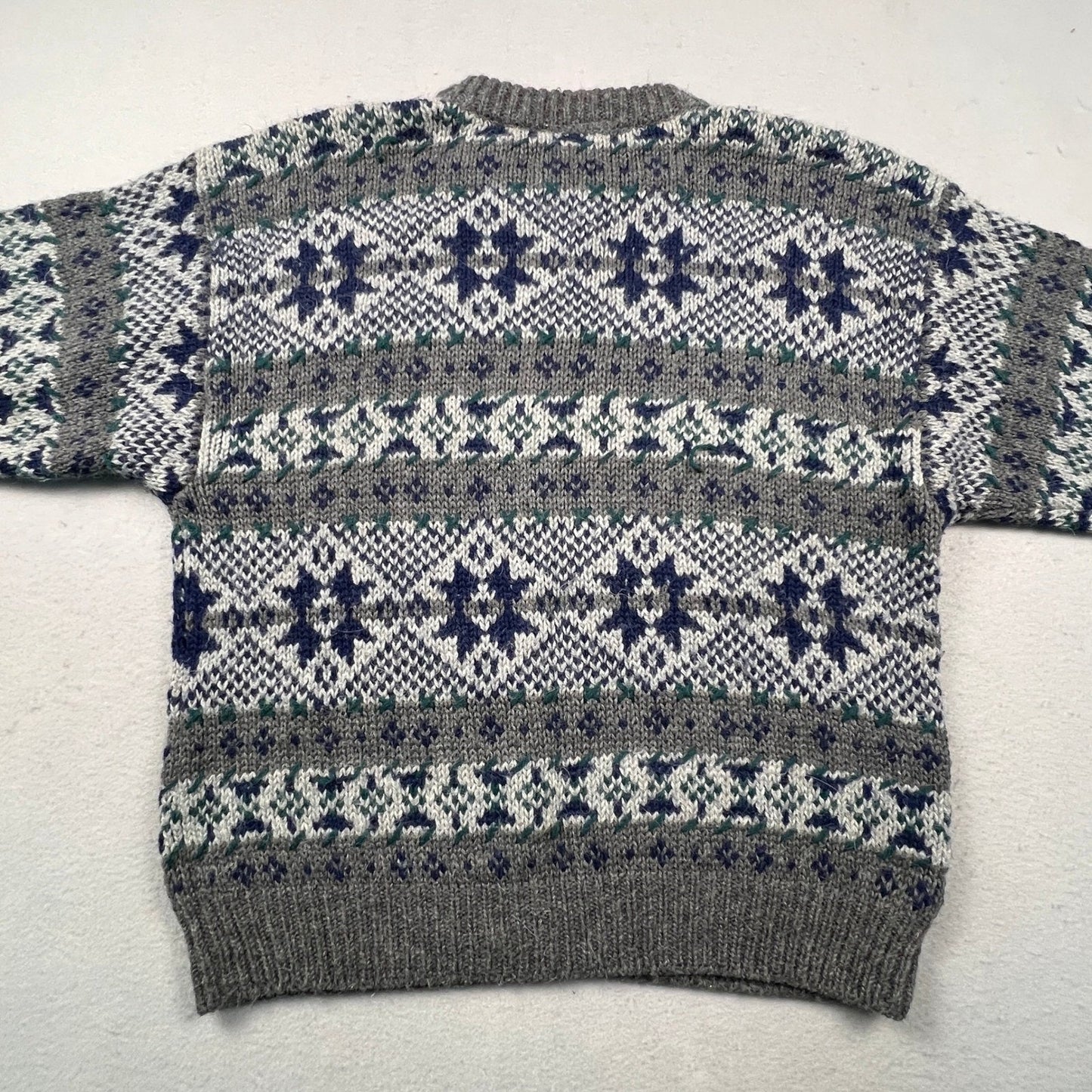 Vintage Alpaca Wool Sweater Mens Medium Gray Fair Isle Snowflake Knit Peru Boho