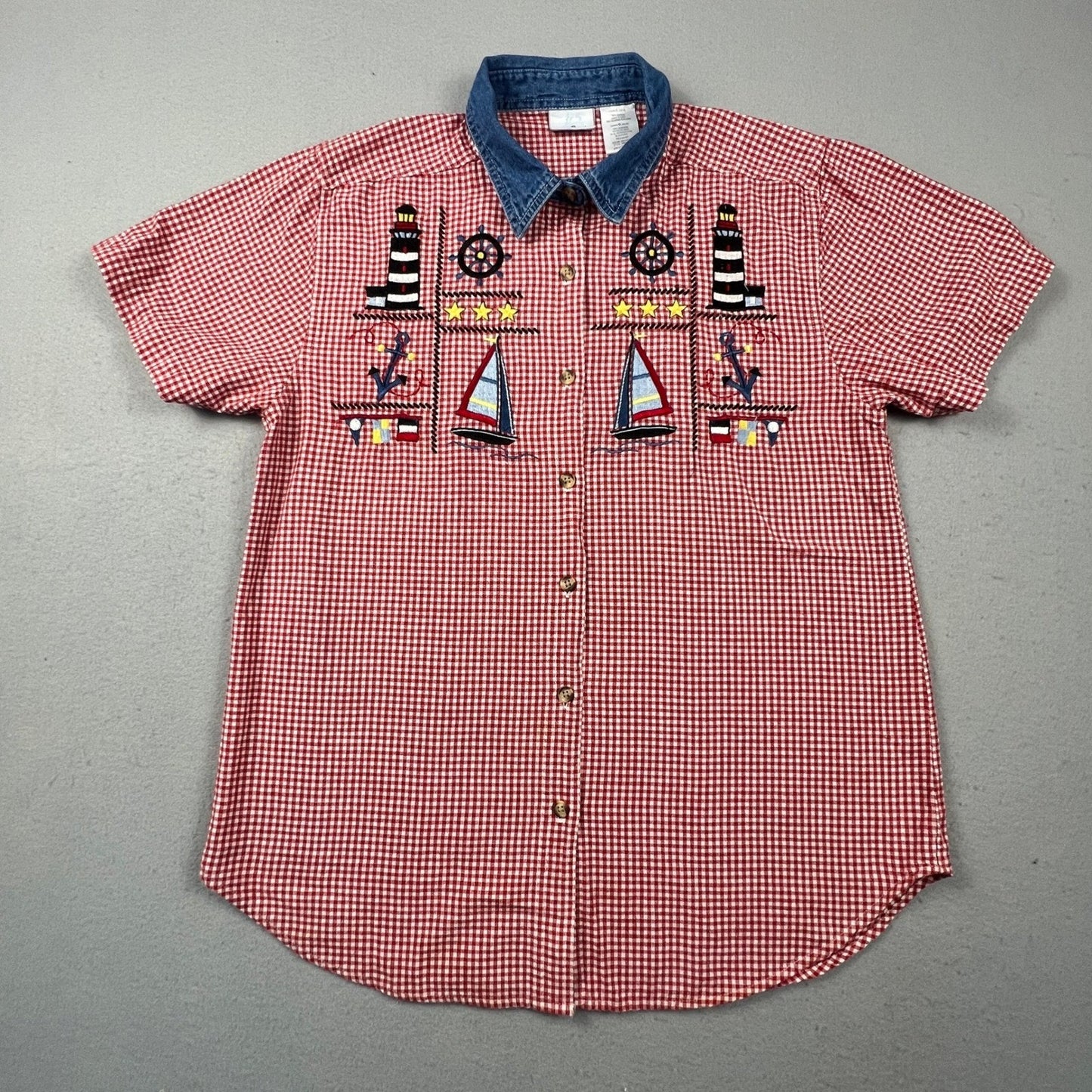 Bobbie Brooks Nautical Embroidery Shirt Women L Red Gingham Denim Coastal Granny