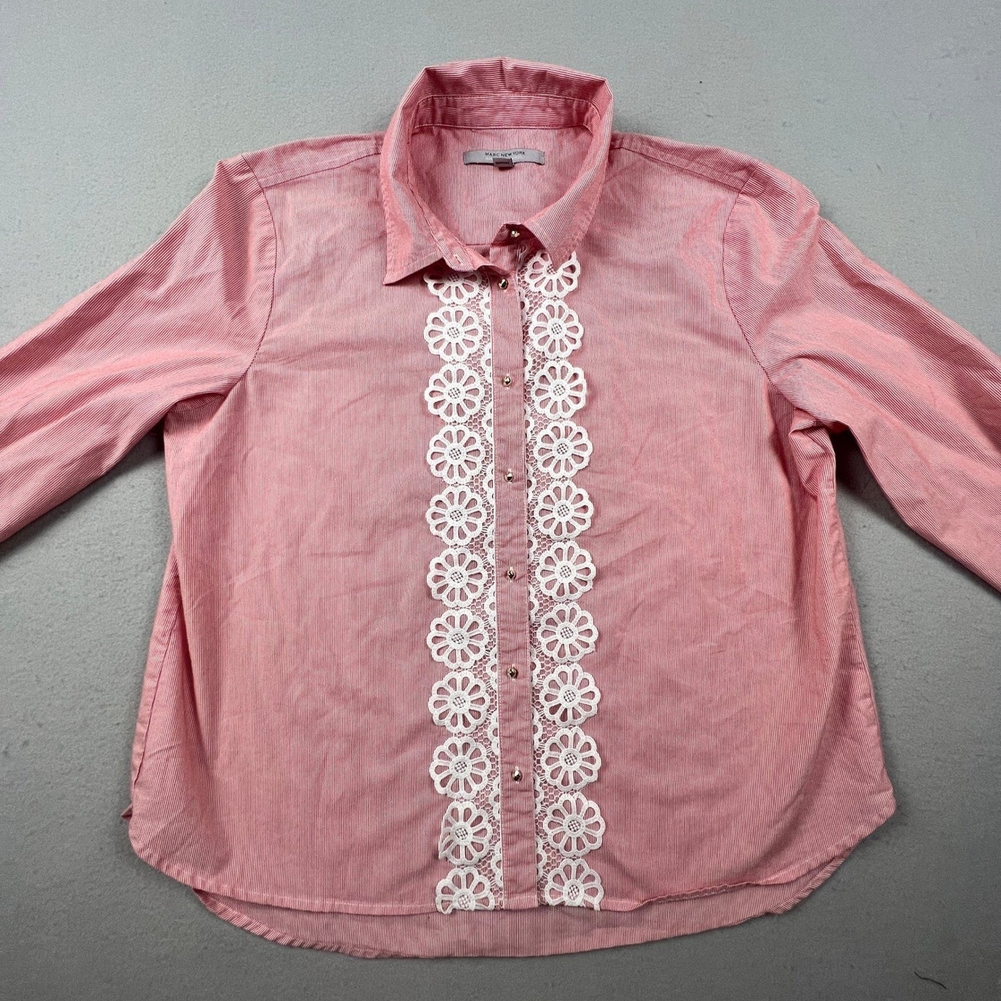 VTG Marc New York Button Down Womens XL Red Stripe Lace Trim Preppy Chic