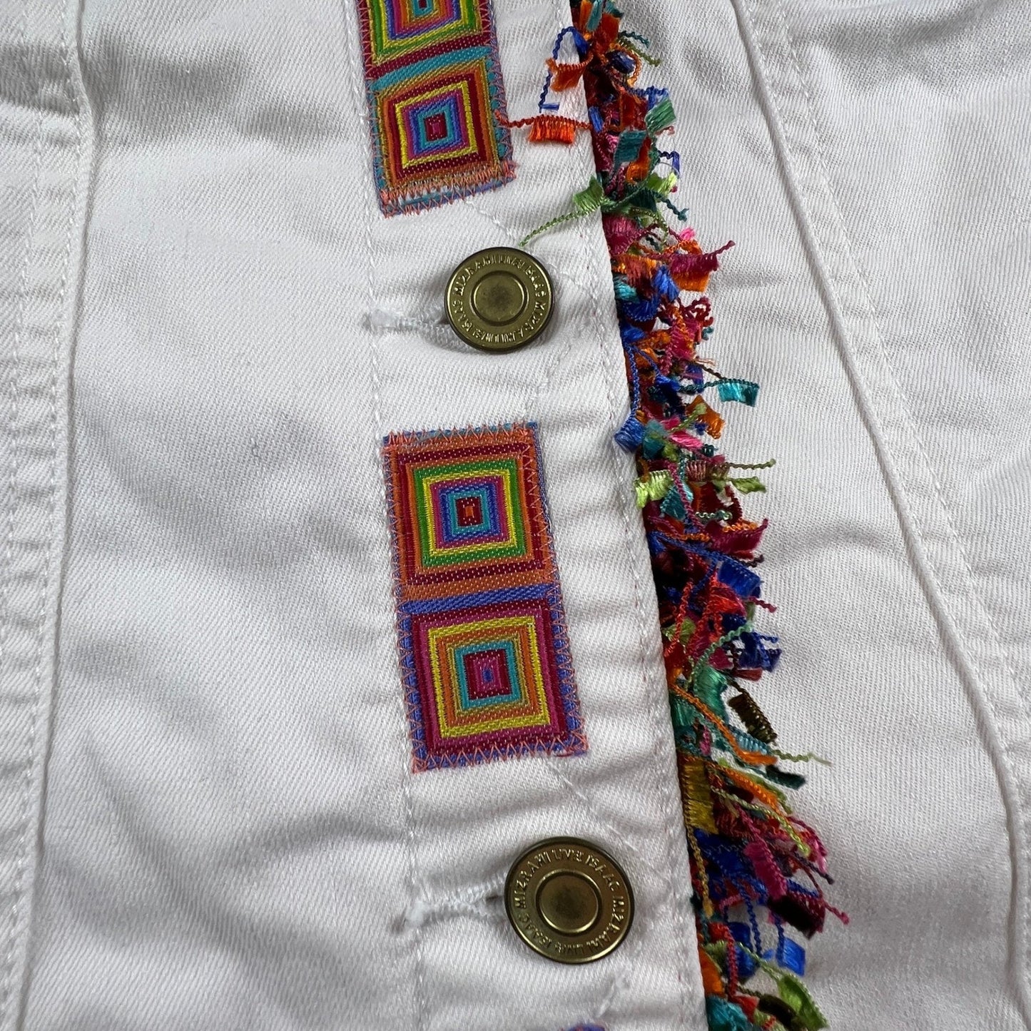 Isaac Mizrahi Live Denim Jacket Womens 16 White Embroidered Fringe Boho Festival