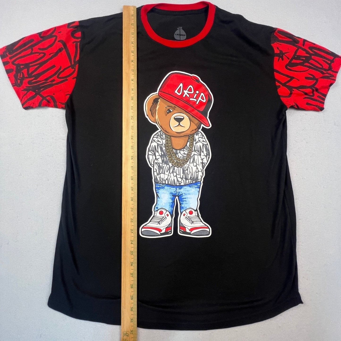 Launder Graphic Tee Mens XL Black Red Drip Bear Streetwear Graffiti Ringer Shirt