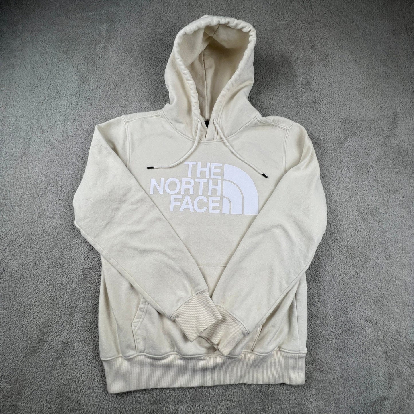 The North Face Mens Pullover Hoodie Medium Cream White Logo Sweatshirt Half Dome