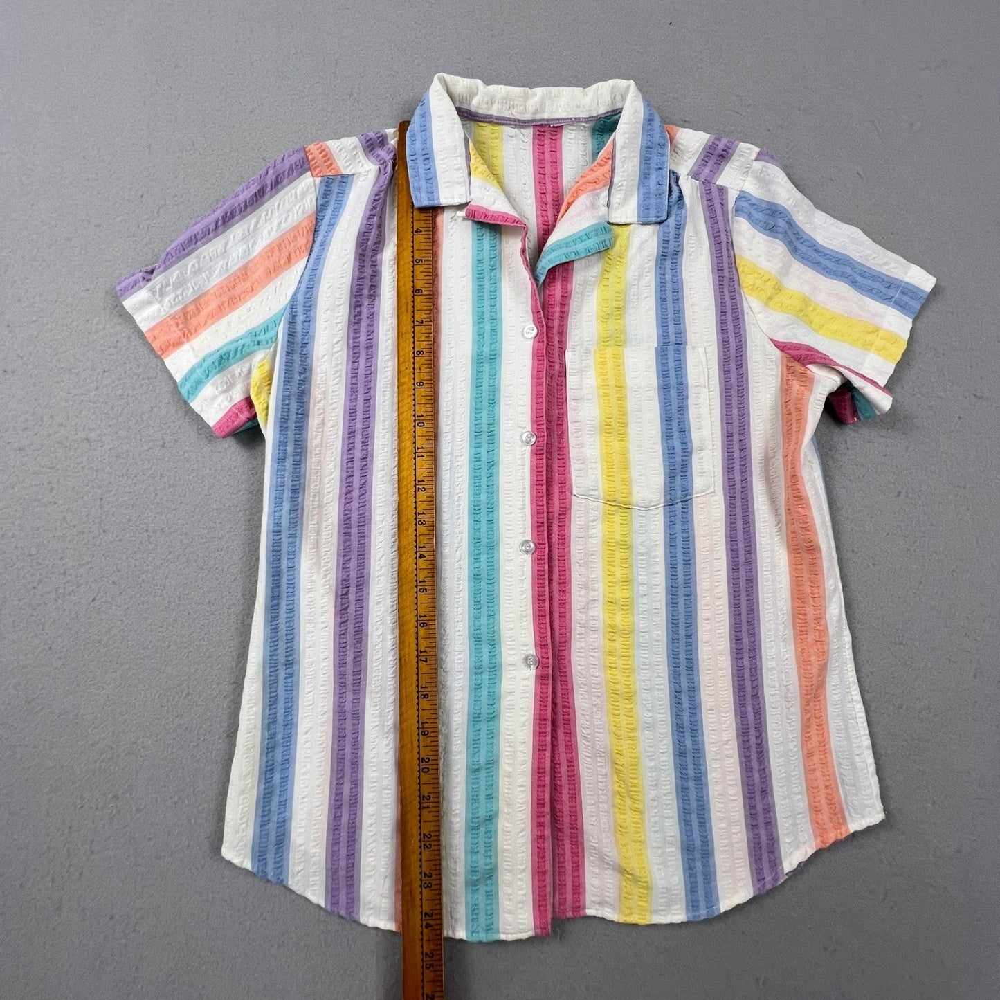 Colorful Seersucker Button Up Shirt Womens L Multi Color Rainbow Stripe Camp Top
