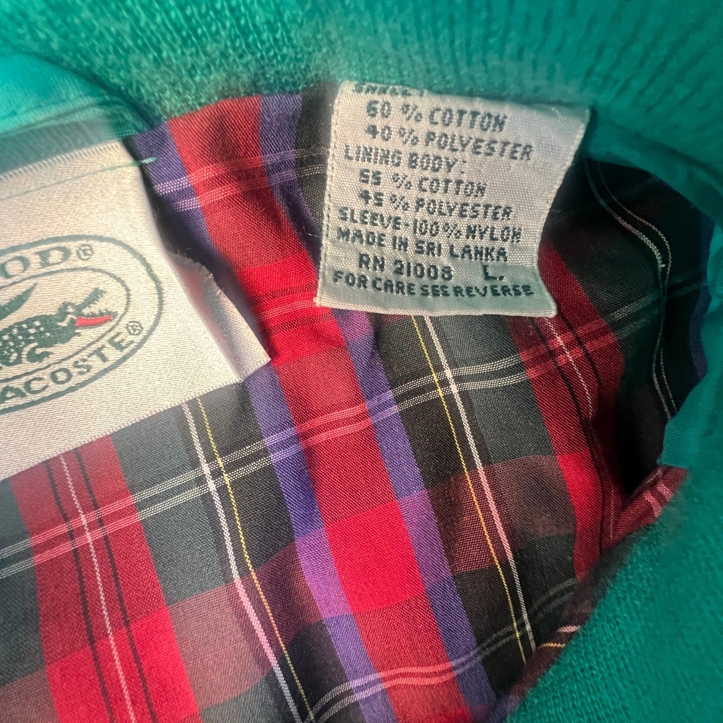 Vintage Izod Lacoste Harrington Jacket Mens Large Teal Green Plaid Lined