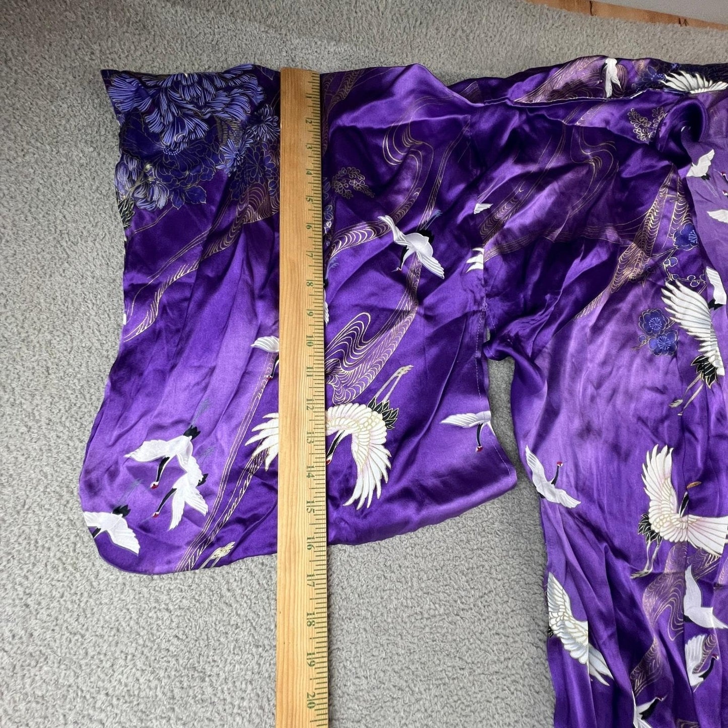 Japanese Silk Kimono Robe Purple Crane Floral Print Made in Japan OS Vintage