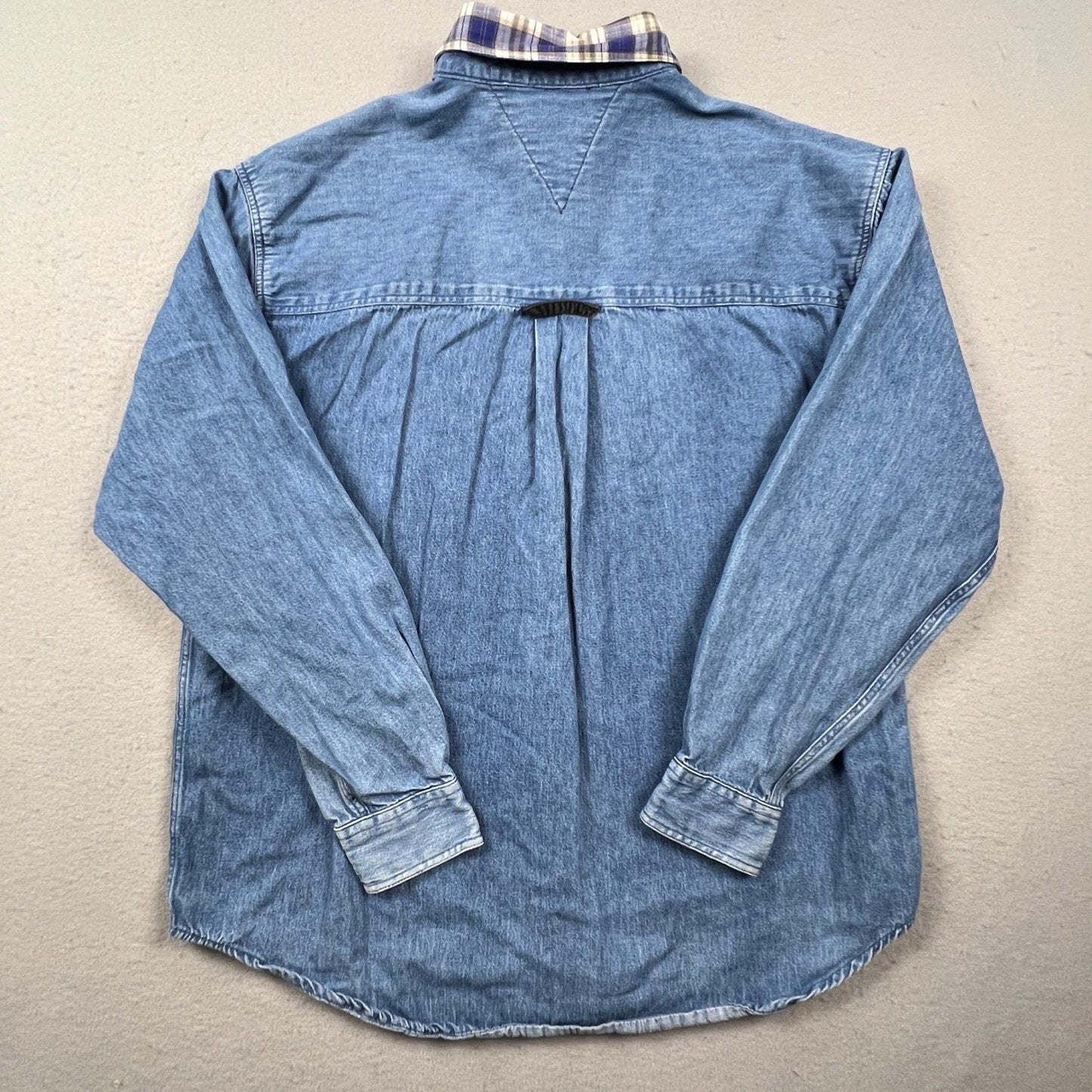 VTG Tommy Hilfiger Denim Shirt Womens Medium Blue Corduroy Pocket Plaid Trim