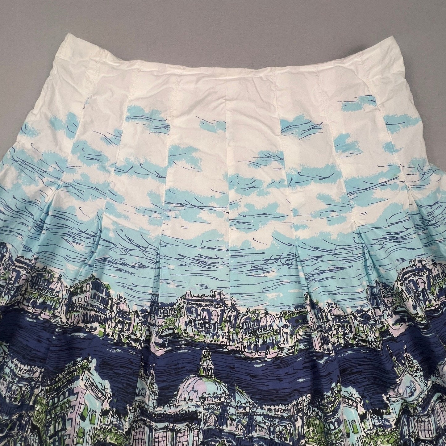 Talbots Pleated Skirt Womens 10 Blue Venice Cityscape Print A-Line Knee Length