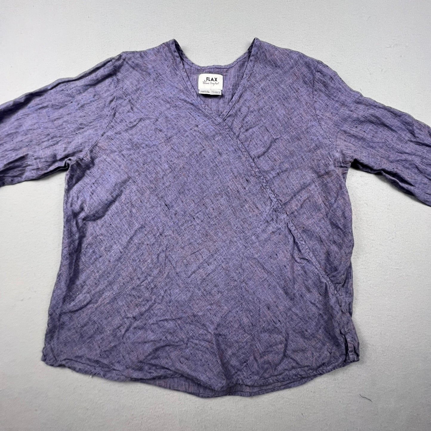 FLAX Linen Tunic Top Womens Large Purple Faux Wrap V-Neck Lagenlook Coastal Boho