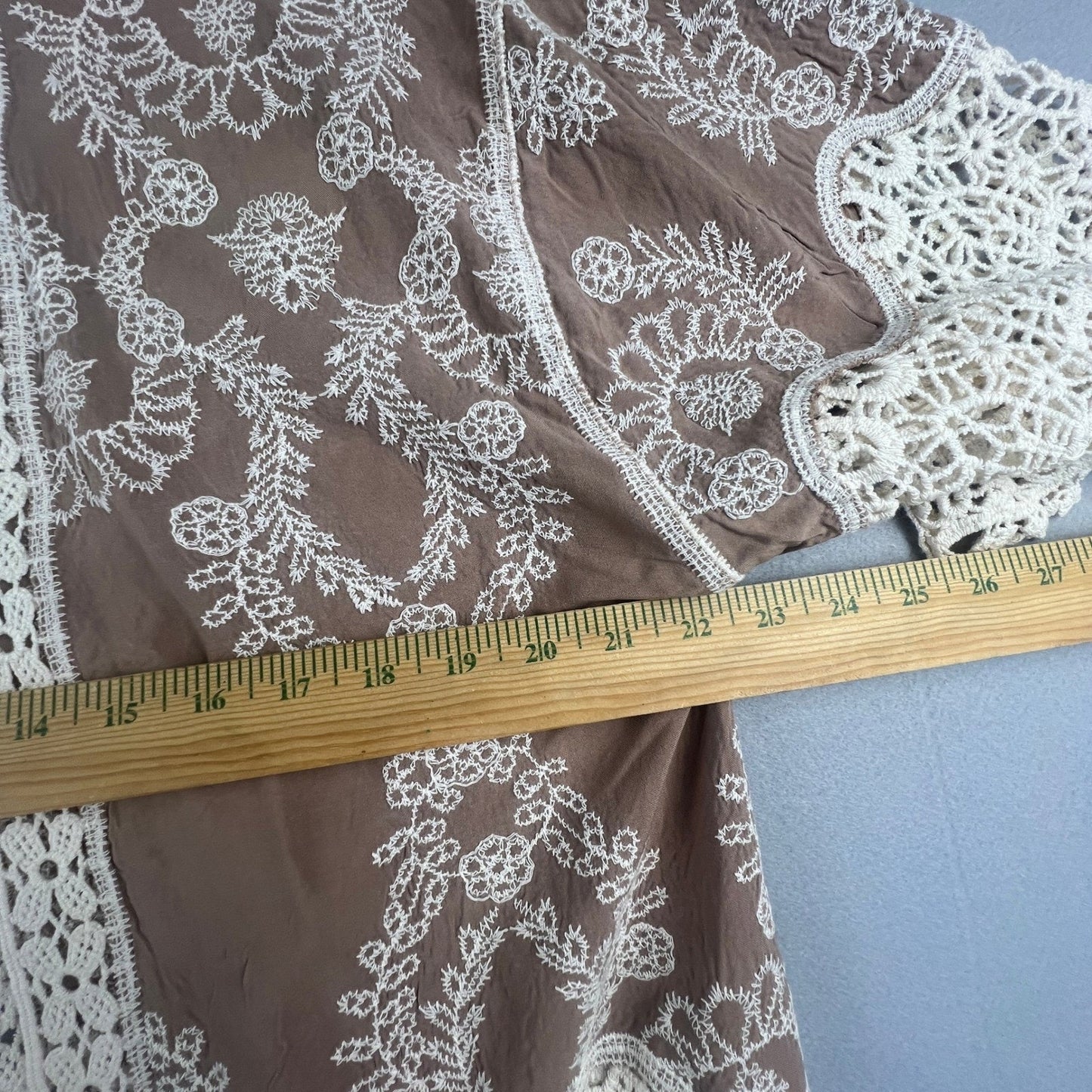 Crochet Lace Kimono Cardigan Womens M Brown Embroidered Boho Sheer Layer