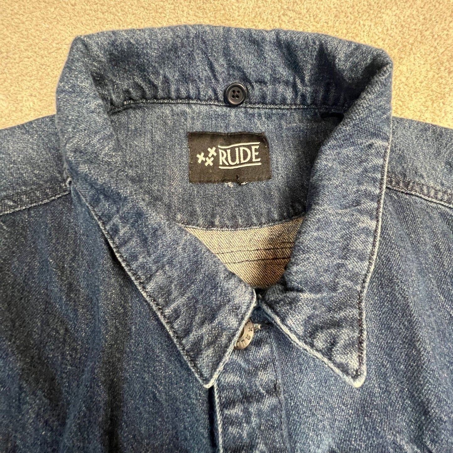 xxx RUDE Denim Vest Mens Medium Wash Sleeveless Button Up Trucker Punk Emo Y2K