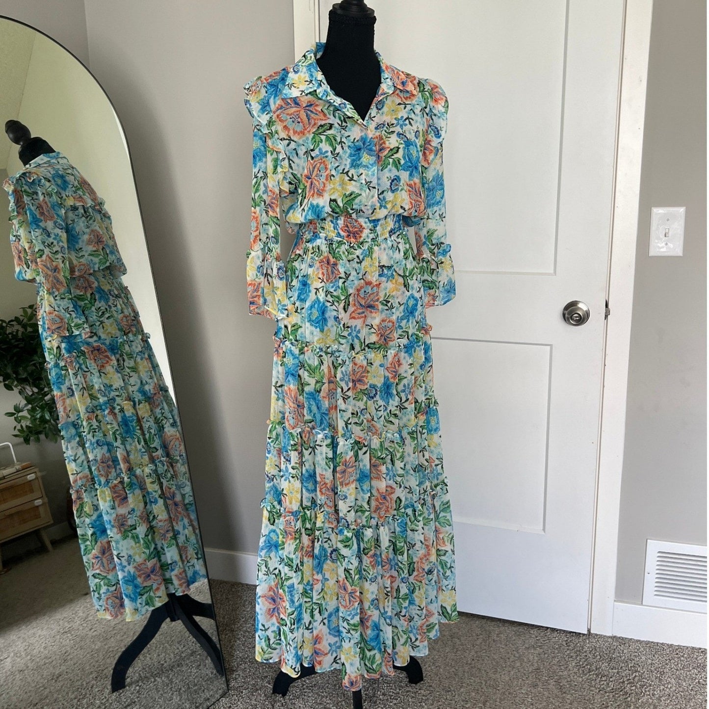 MISA Los Angeles Maxi Dress Womens S Blue Orange Floral Tiered Smocked Boho Luxe