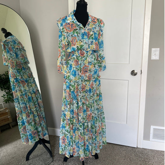 MISA Los Angeles Maxi Dress Womens S Blue Orange Floral Tiered Smocked Boho Luxe