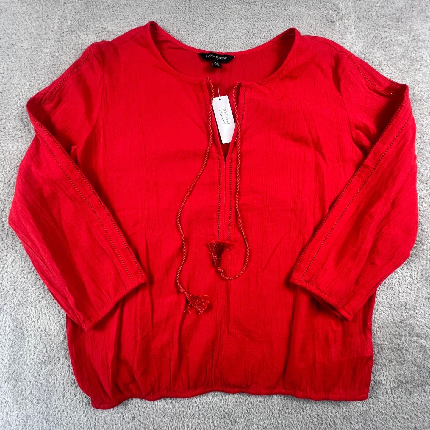 100% Cotton Boho Top Banana Republic Peasant Blouse Womens Medium Red Tassel