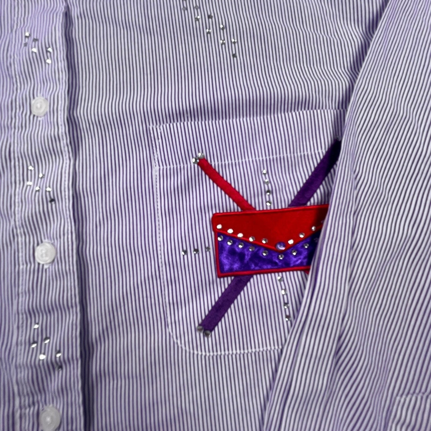 VTG Las Olas Button Down Shirt Womens L Purple Pinstripe Rhinestone Fashion Art
