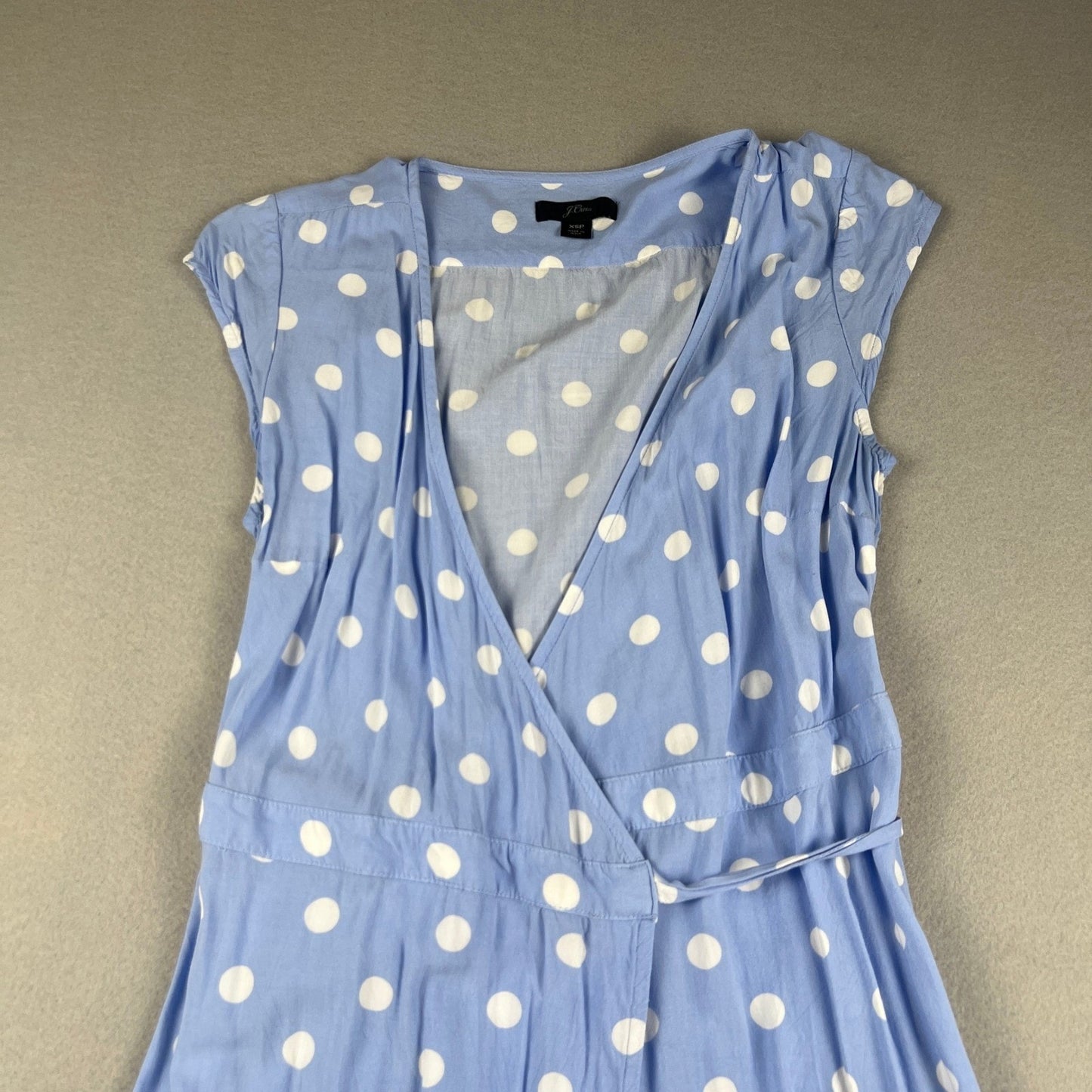 J.Crew Faux Wrap Dress Womens XSP Blue Polka Dot Midi Summer Casual Coquette