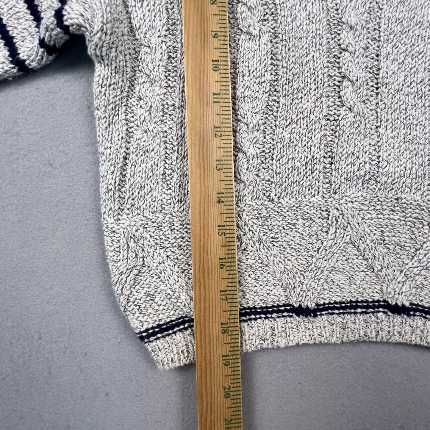 T.Q. Vintage Mock Neck Sweater Womens Small Grey Navy Striped Cable Knit Cotton