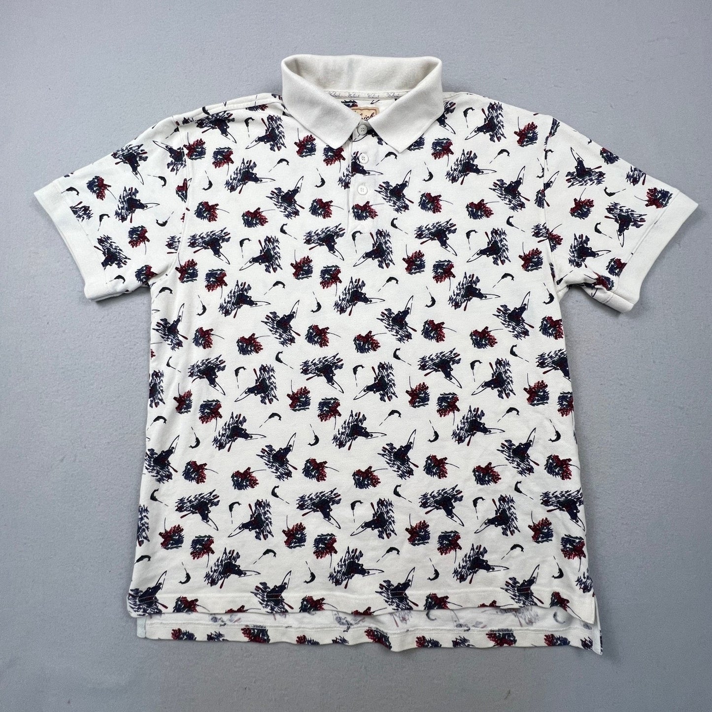 Woolrich Polo Shirt Mens Large Ivory Fishing Print Cotton Short Sleeve Outdoor