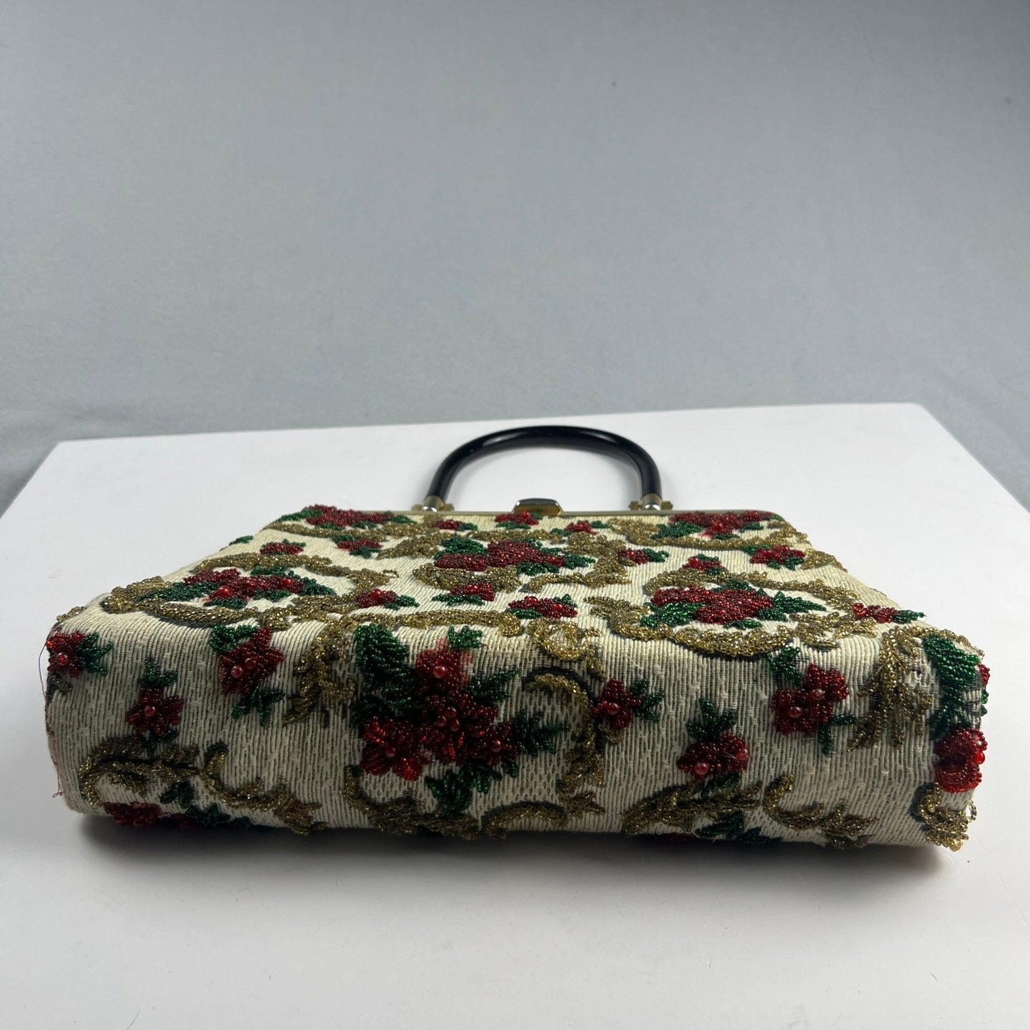 Vintage 1950s Beaded Tapestry Handbag Floral Lucite Handle MCM Evening Purse