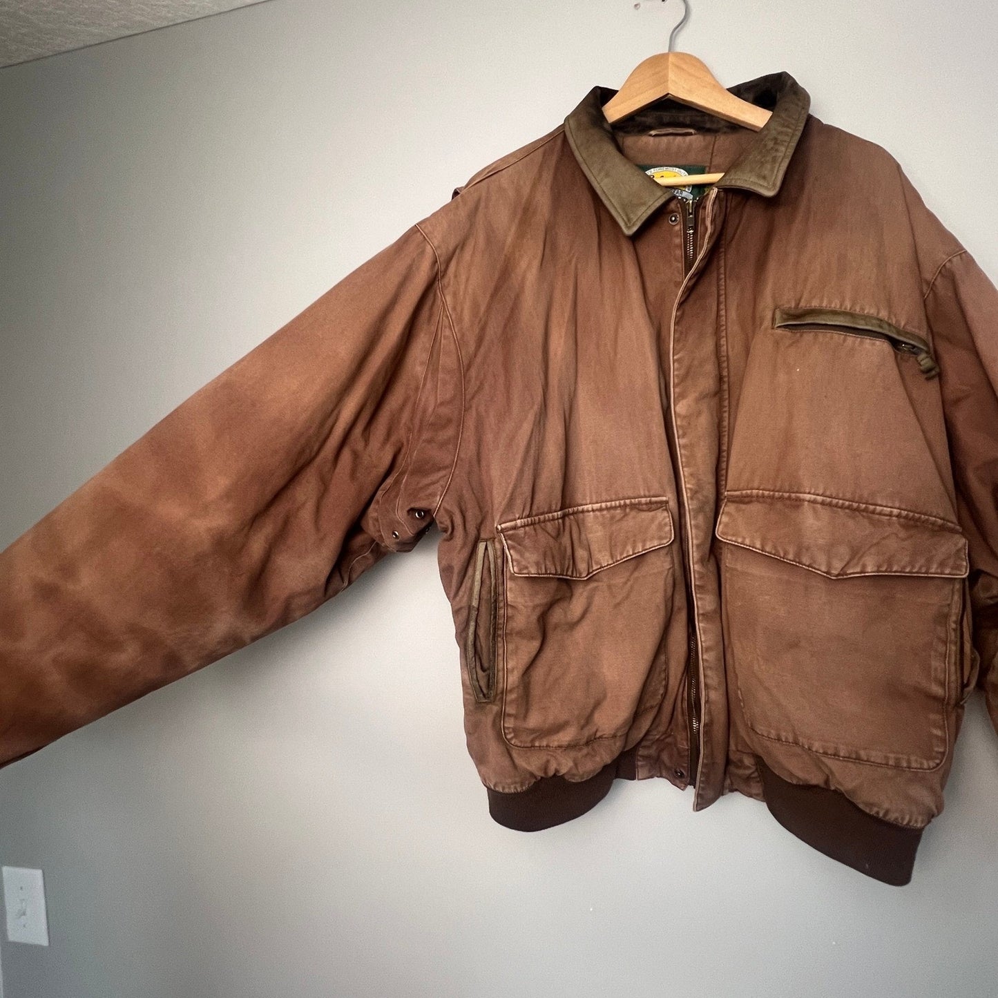 VTG Cabelas Canvas Jacket Mens XL Brown Leather Collar Workwear Outdoor Coat Job