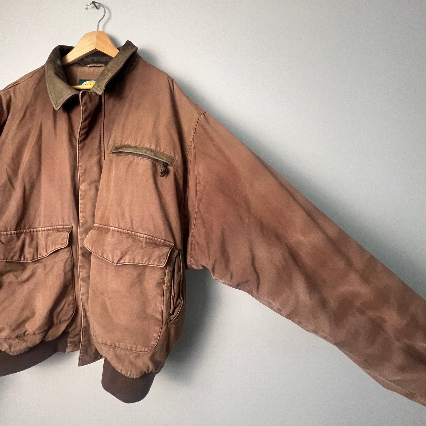 VTG Cabelas Canvas Jacket Mens XL Brown Leather Collar Workwear Outdoor Coat Job